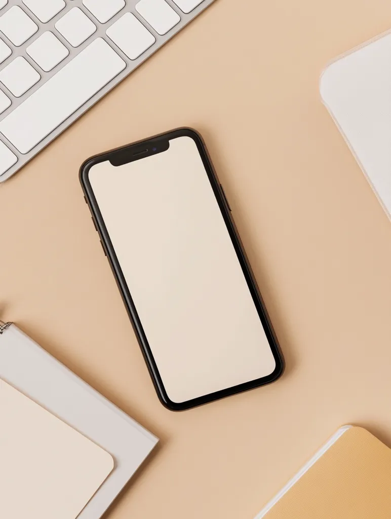 A flat lay showcasing a minimalist workspace. A smartphone with a blank screen rests centrally on a beige surface, flanked by a keyboard, notepad, and another notebook.  The color palette is muted and neutral, creating a calm and organized aesthetic. The image suggests productivity, simplicity, and digital organization.