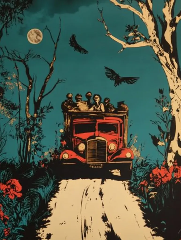A vintage-style illustration depicts a red truck carrying several people down a dirt road under a nocturnal sky.  The teal sky features a full moon and two flying ravens.  The roadside is lush with dark foliage and bright red flowers. The overall aesthetic is reminiscent of a dark, whimsical folk tale.  The truck’s passengers appear mysterious and slightly ominous.