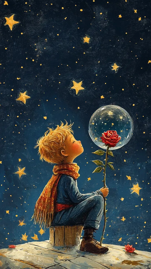 The Little Prince sits on a rooftop under a starlit night sky.  He gazes upwards, holding a rose encased within a transparent sphere.  The artwork evokes a dreamy, whimsical atmosphere, reminiscent of the classic tale.  The prince's attire and the delicate rose suggest a sense of wonder and quiet contemplation.  Falling stars add to the magical quality of the scene.
