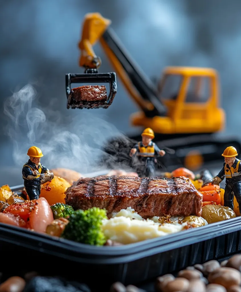 A miniature construction scene surrounds a gourmet steak dinner.  Tiny workers in hard hats tend to the meal, while a toy crane lifts a smaller steak.  The main dish features a grilled steak, mashed potatoes, roasted vegetables, and broccoli, all steaming in a black takeout container.  The background is blurred, emphasizing the miniature figures and the food.