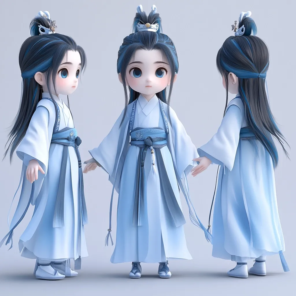 A 3D rendered model of a cute chibi-style character, possibly a young boy, is shown from three different angles.  The character wears a flowing light blue Hanfu-inspired robe with dark blue accents and ornate hair accessories. The large eyes and small features contribute to the character's adorable appearance. The model showcases details in the clothing and hair, suggesting a high level of rendering quality.
