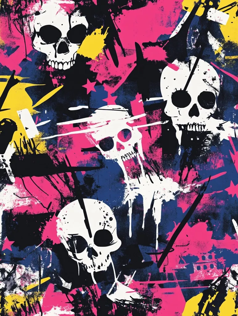 A vibrant, abstract graphic featuring multiple skulls overlaid on a chaotic backdrop of pink, yellow, and blue paint splatters and bold black lines. The skulls are stylized, with stark white bone structures contrasting against the energetic, graffiti-like background. The overall effect is a bold and edgy design with a punk rock aesthetic.