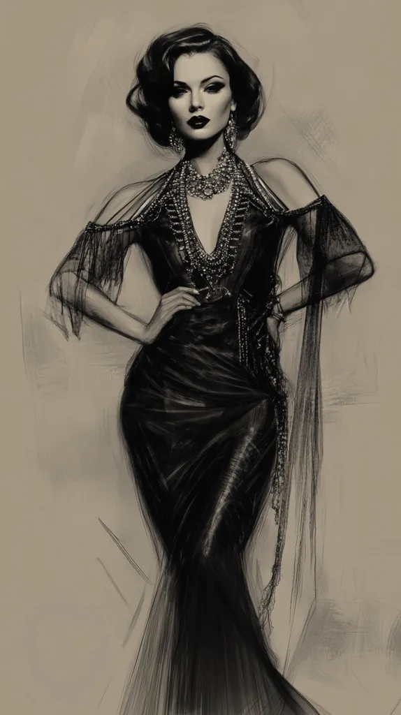 A monochromatic illustration depicts a glamorous woman in a flowing black gown.  Her dark hair is styled in elegant waves, and she wears a substantial beaded necklace.  The overall style suggests a 1940s Hollywood aesthetic, with a focus on dramatic lighting and a sense of timeless sophistication. The artist uses shading and line work to create texture and depth in the garment and the model's features.