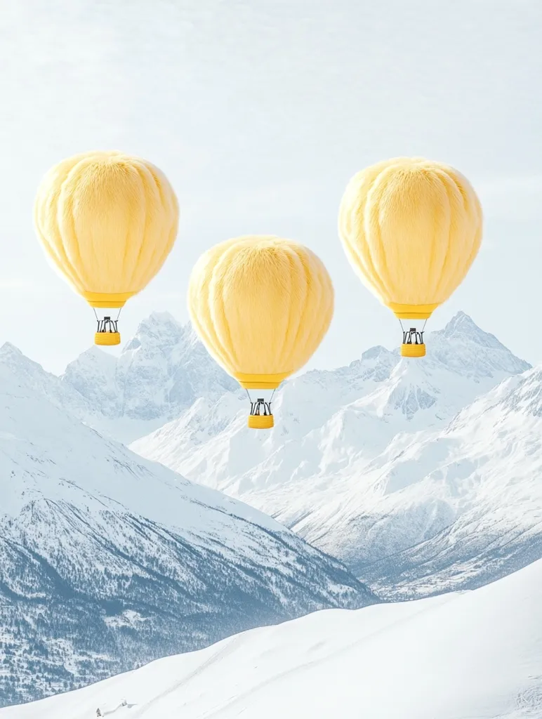 Three fluffy, pale-yellow hot air balloons drift serenely over a snow-covered mountain range. The balloons, seemingly made of fur, contrast beautifully against the pristine white landscape.  The scene evokes a sense of calm and wonder, a peaceful journey above a breathtaking vista. The mountains stretch into the distance, their peaks shrouded in a soft, ethereal light.