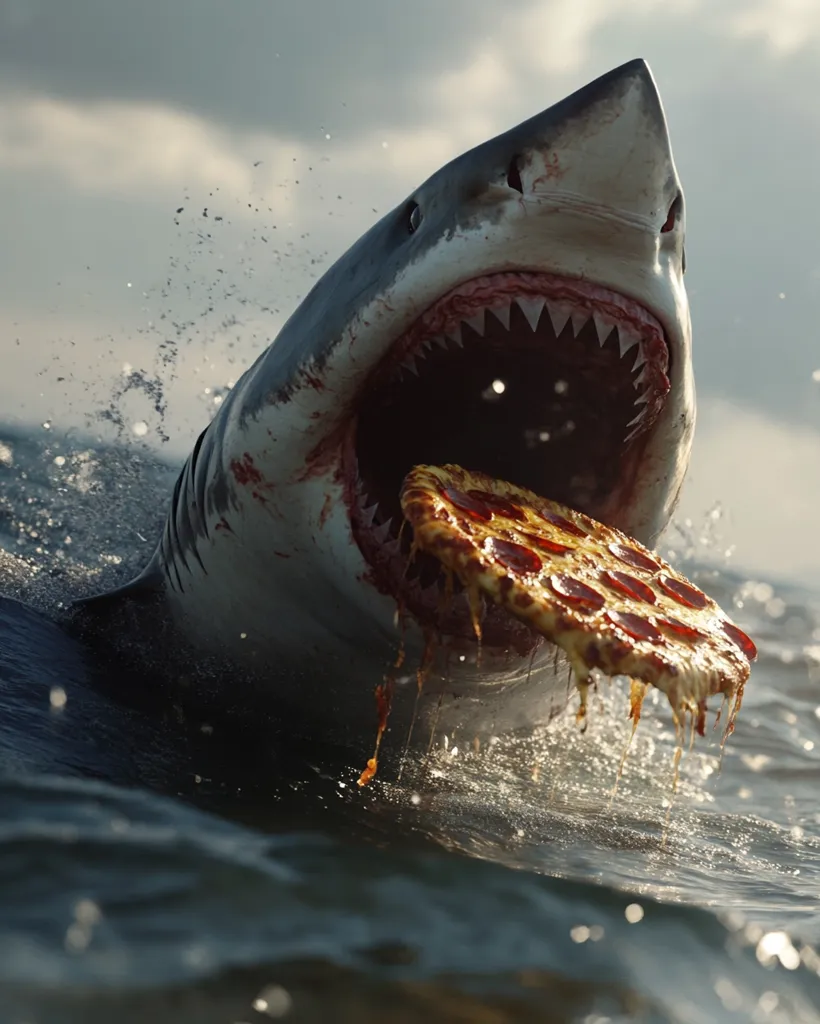 A great white shark with its jaws wide open is seen emerging from the ocean.  A large pepperoni pizza is partially inside its mouth, dripping with cheese and sauce.  The shark's teeth are clearly visible, and the scene is dramatic, suggesting a humorous juxtaposition of predator and prey. The water is splashing around the shark.