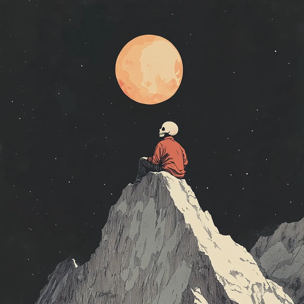 A figure with a skull head, wearing a red jacket, sits atop a mountain peak under a large, orange moon.  The night sky is dark, dotted with small stars. The scene is rendered in a stylized, almost vintage illustration style, evoking a sense of solitude and contemplation against a vast, cosmic backdrop.  The overall mood is melancholic yet serene.