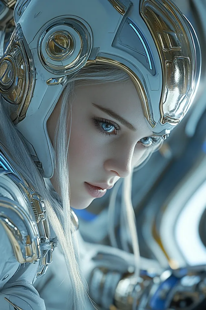 Close-up of a woman's face, partially obscured by a futuristic, white helmet with gold accents.  Her long, platinum blonde hair flows down her shoulders.  The helmet's design is sleek and intricate, suggesting advanced technology. Her expression is serious and contemplative, her blue eyes gazing downward. The background is blurred, hinting at a technological or sci-fi setting.  The overall image evokes a sense of mystery and technological prowess.