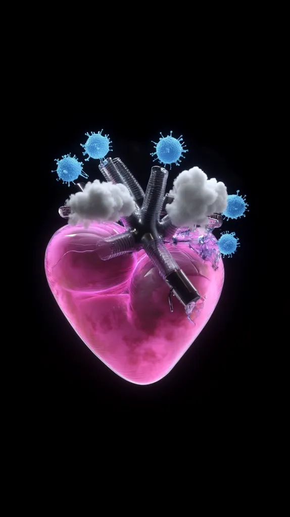 A 3D rendering depicts a pink, translucent heart seemingly damaged and invaded.  Blue viral particles surround the heart, some appearing to be embedded within its structure.  Small, white, cloud-like formations are also present, adding to the image's surreal and possibly symbolic representation of illness or disease affecting the cardiovascular system.  The overall aesthetic is dark and dramatic.