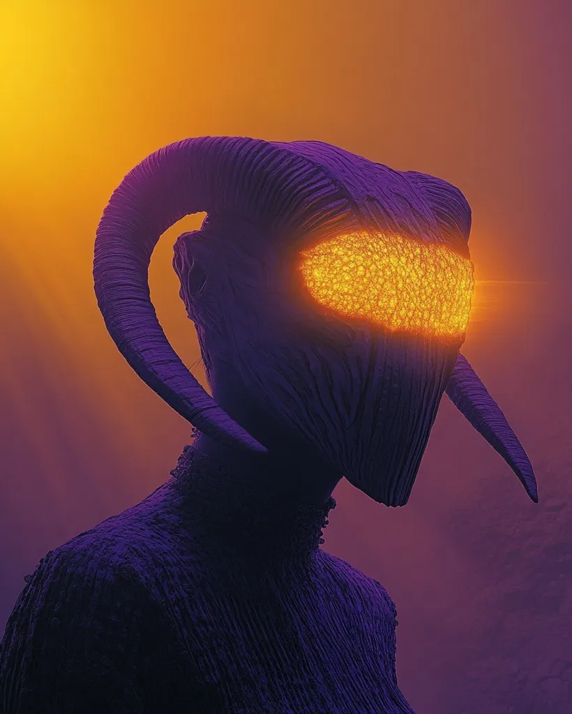 A digital artwork depicts a stylized demonic figure, cloaked in dark purple.  The creature possesses curved horns and a mask-like face, featuring a glowing orange, textured eye-slit. The background is a hazy blend of orange and purple, suggesting a mystical or ethereal setting. The overall style is dark fantasy, emphasizing textures and dramatic lighting.