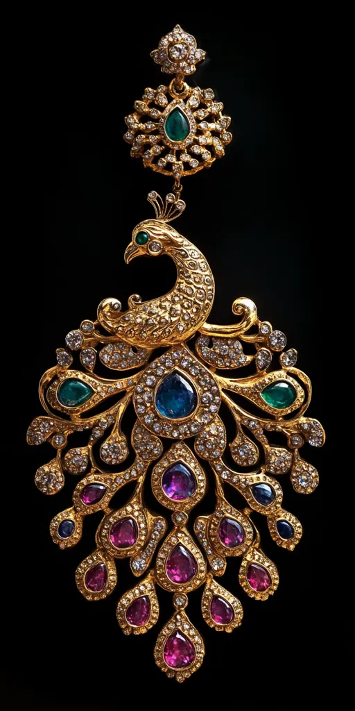 A stunning gold pendant shaped like a peacock, adorned with numerous sparkling diamonds and vibrant colored gemstones.  The peacock's body and tail feathers are intricately detailed, each feather tipped with a teardrop-shaped gemstone in shades of ruby, sapphire, and emerald.  The pendant's overall design is rich, luxurious, and exudes a sense of regal elegance.