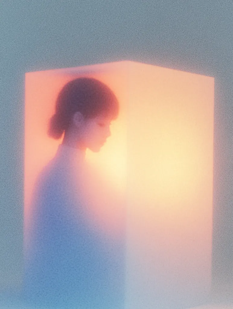 A young woman with short dark hair is faintly visible within a translucent, cube-shaped enclosure.  The cube glows with a warm, orange light, creating a hazy, dreamlike atmosphere.  The woman's features are blurred, emphasizing a sense of mystery and introspection. The overall effect is ethereal and suggestive of confinement or contemplation.