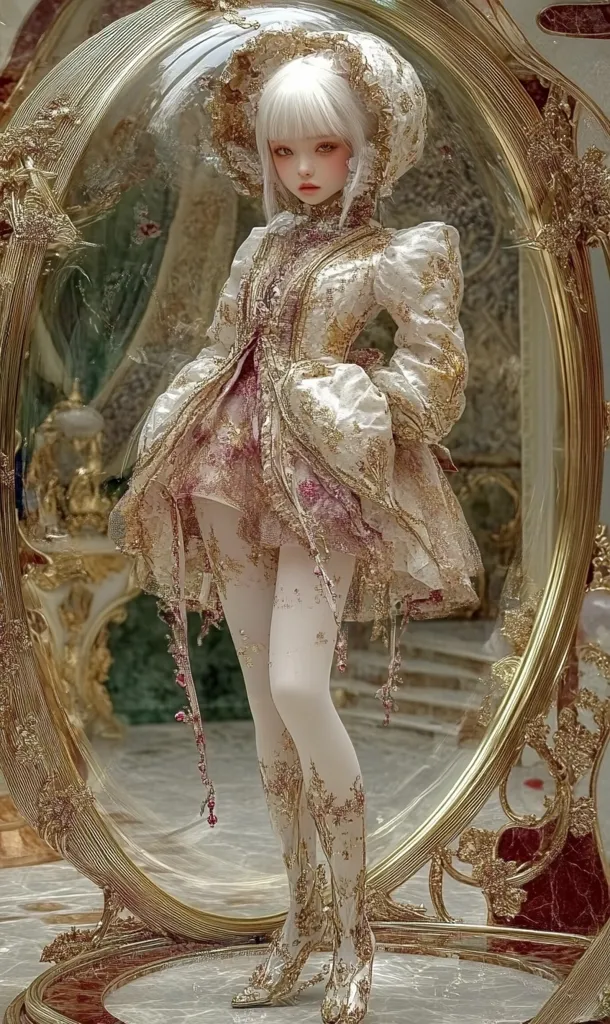 A porcelain doll, with white hair styled in a bob and a hooded, ornate gold and blush-toned gown, stands within a large, gold, ornately carved mirror. The doll's attire is detailed with embroidery and embellishments.  The background suggests a luxurious, antique setting.  The overall aesthetic is regal and whimsical, evoking a fairytale or fantasy theme.