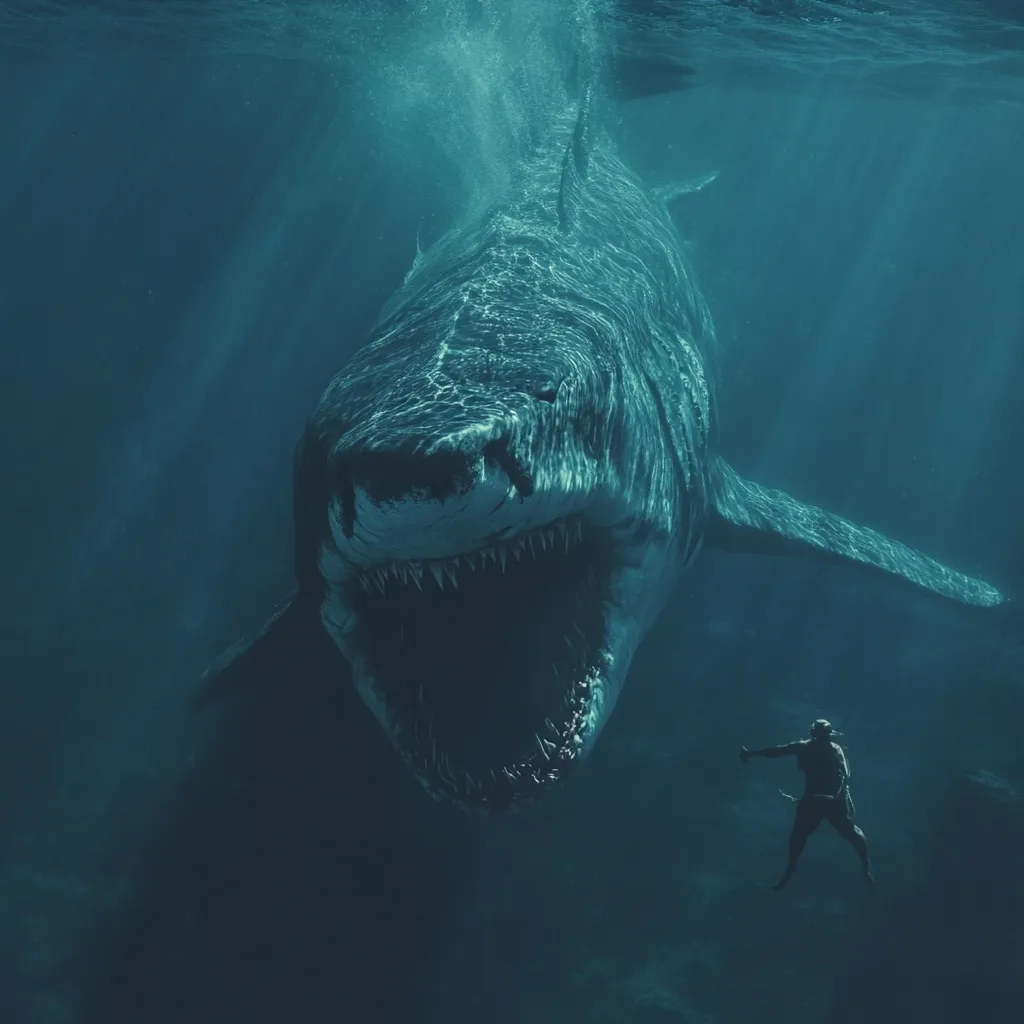 A colossal, monstrous shark dominates the underwater scene, its gaping maw a terrifying spectacle.  A lone diver, dwarfed by the shark's immense size, swims in the distance, creating a dramatic contrast of scale and vulnerability.  The deep ocean setting enhances the image's ominous atmosphere, the dark blue water adding to the sense of peril.  The shark's detailed texture and open mouth emphasize its imposing presence.