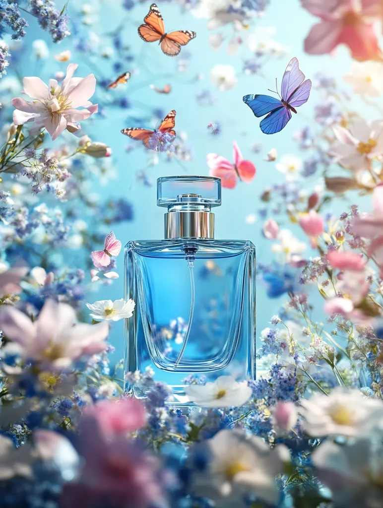 A bottle of light blue perfume sits nestled amongst a profusion of delicate pastel flowers and fluttering butterflies. The scene is dreamy and ethereal, with a soft, diffused light illuminating the blossoms and the clear glass perfume bottle.  The overall impression is one of femininity, freshness, and floral fragrance.
