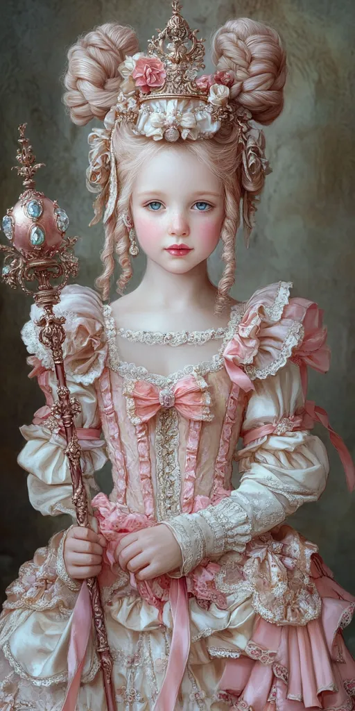 A young girl, possibly a princess, is depicted in a stunning digital painting. She wears an elaborate, pale pink and cream gown adorned with lace and bows, complemented by a gold crown and jeweled scepter.  Her blonde hair is styled in high, braided buns, and her delicate features are accentuated by rosy cheeks. The overall aesthetic is reminiscent of Rococo-era portraiture, exuding elegance and fairytale charm.
