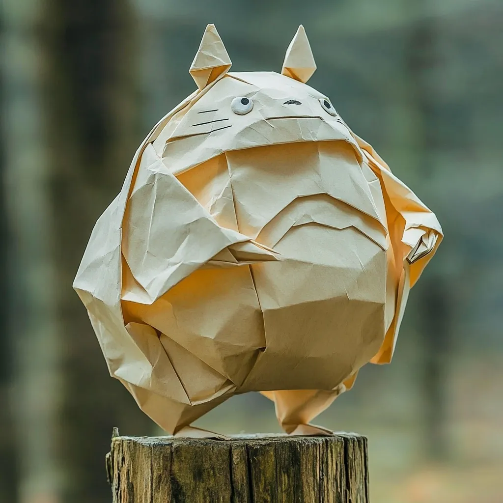 A meticulously crafted origami Totoro stands on a weathered wooden post.  The tan paper folds create a remarkably lifelike representation of the beloved Studio Ghibli character.  Its simple, yet expressive features are evident, showcasing the artist's skill and attention to detail. The blurred natural background enhances the focus on the intricate origami sculpture.