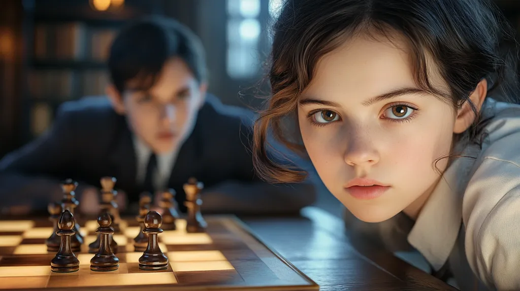 A young girl with dark, wavy hair leans forward, her gaze intense and captivating.  In the blurred background, a boy is engrossed in a chess game, his concentration evident. The chessboard is in the foreground, partially obscuring the boy while highlighting the girl's expressive features and proximity to the game. The setting is dimly lit, adding to the dramatic atmosphere.