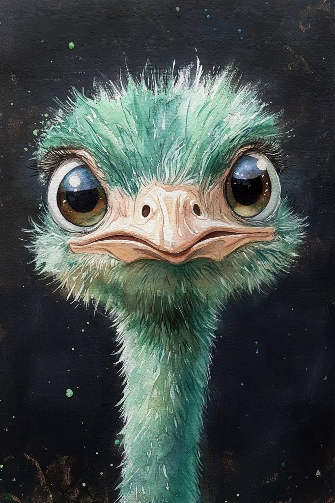 A close-up watercolor painting of an emu's head and neck.  The emu has large, expressive eyes and a soft, teal-colored plumage.  The background is a dark, almost black canvas speckled with lighter green and gold splashes, providing a stark contrast to the emu's vibrant feathers. The overall style is whimsical and charming.