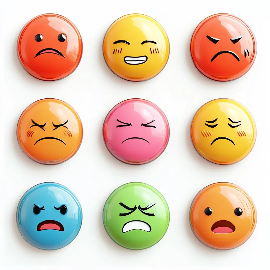 Nine glossy, circular buttons display a variety of cartoon facial expressions representing different emotions.  These include angry, sad, frustrated, and annoyed faces in varying shades of red, orange, yellow, pink, green, and blue. The buttons are arranged in a three-by-three grid against a white background.  The expressions are exaggerated for comedic effect.