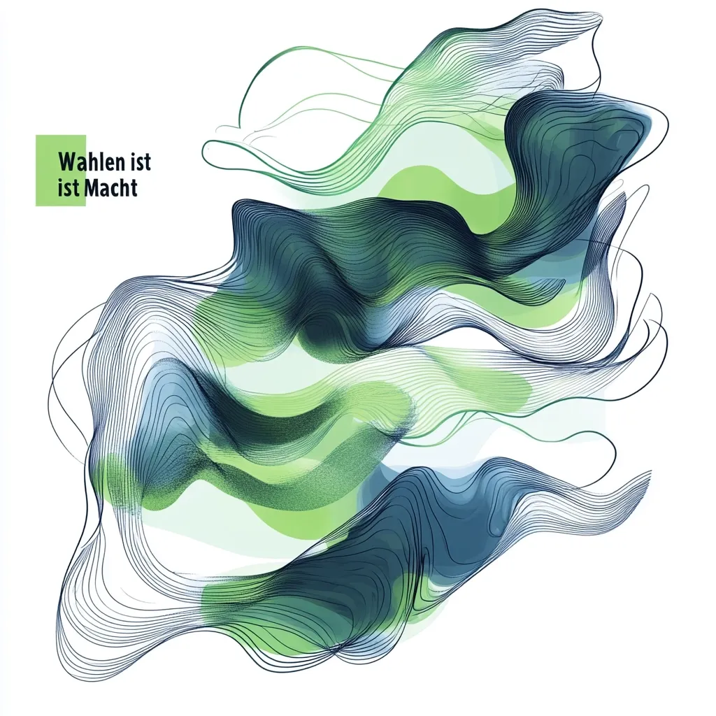 An abstract artwork features flowing, wave-like forms in shades of teal, green, and light blue.  The design incorporates both solid color areas and fine, dark lines suggesting movement and fluidity.  A small text box in the upper left corner displays the German phrase "Wahlen ist ist Macht," which translates to "Voting is power." The overall style is modern and evocative.