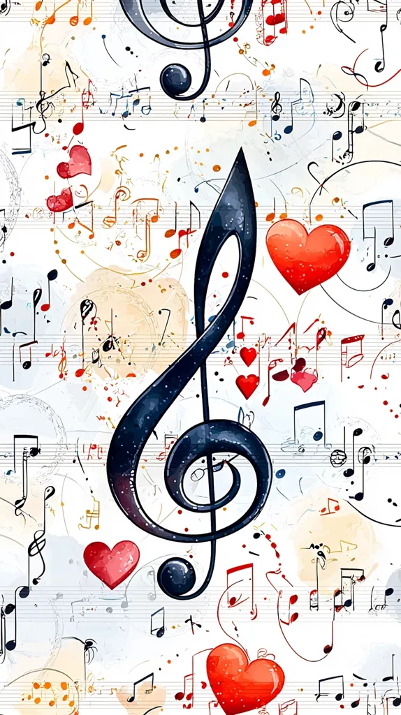 A vibrant watercolor-style image features a large treble clef as the central focus, set against a backdrop of musical notes and scattered hearts.  The clef is dark blue-black, contrasting with the light background and red hearts.  Various musical notations are playfully arranged, creating a dynamic and romantic feel. The overall effect is cheerful and suggestive of love songs or musical passion.