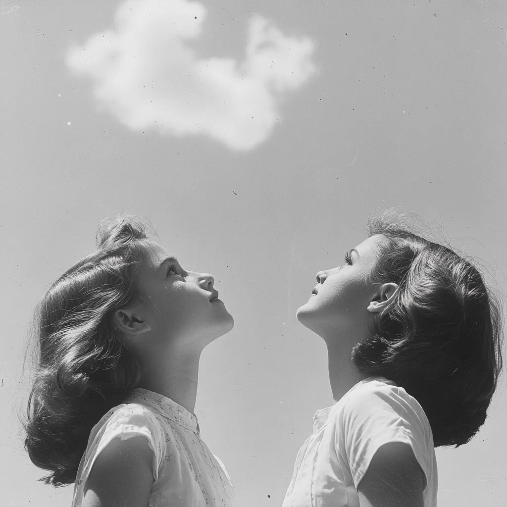 Two young women with similar hairstyles, wearing light-colored short-sleeved shirts, stand facing each other, their heads tilted back, gazing upwards at a fluffy white cloud in a bright sky. The black and white photograph captures a serene moment, emphasizing the women's profiles and the contrast between their features and the vastness of the sky.  The image evokes a sense of youthful wonder and shared experience.