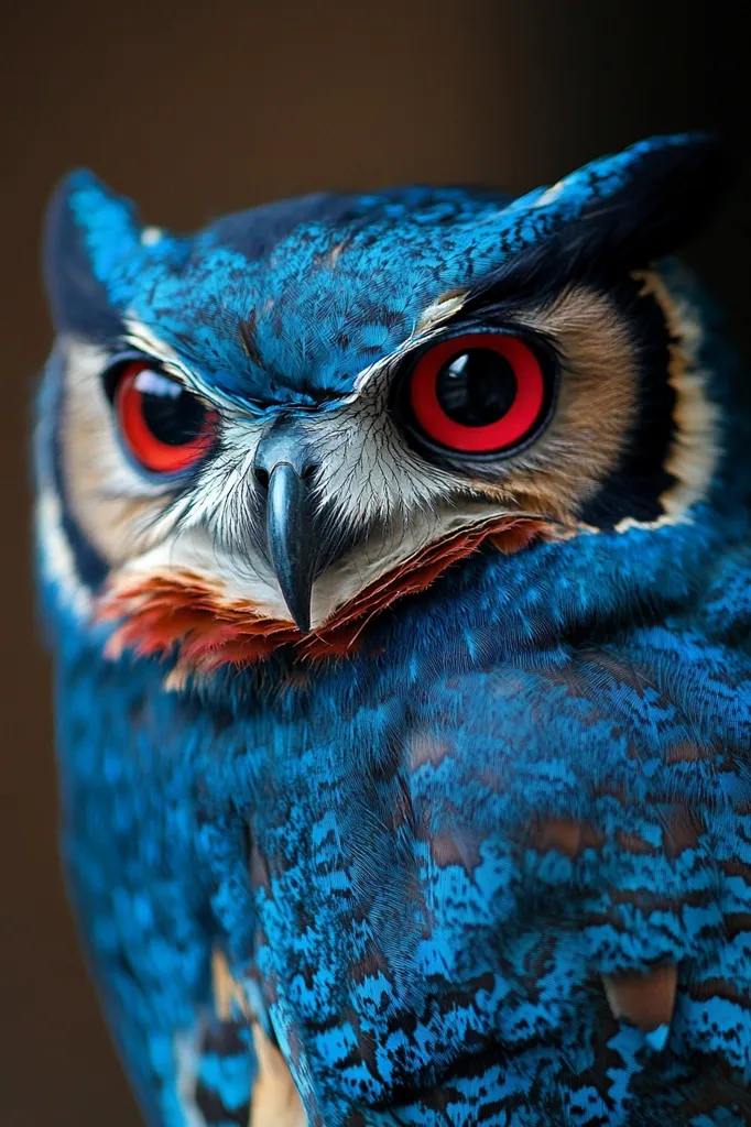 A close-up reveals a striking owl, its plumage a vibrant, iridescent blue.  Intense red eyes pierce the viewer, set within a face framed by darker brown and reddish feathers. The intricate detail of the feathers is visible, showcasing a textured pattern. The owl's gaze is direct, creating a powerful and captivating image.