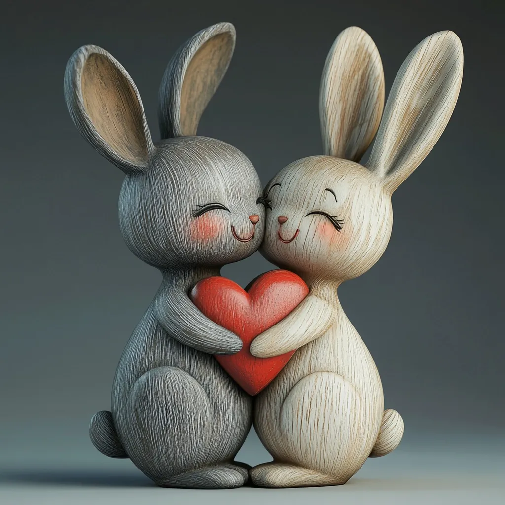 Two adorable wooden bunny figurines embrace, their faces gently pressed together.  A vibrant red heart is nestled between them, symbolizing love and affection.  The bunnies, one grey and one light beige, are intricately carved with visible wood grain, adding to their charming rustic appeal.  The image evokes feelings of warmth and tenderness.