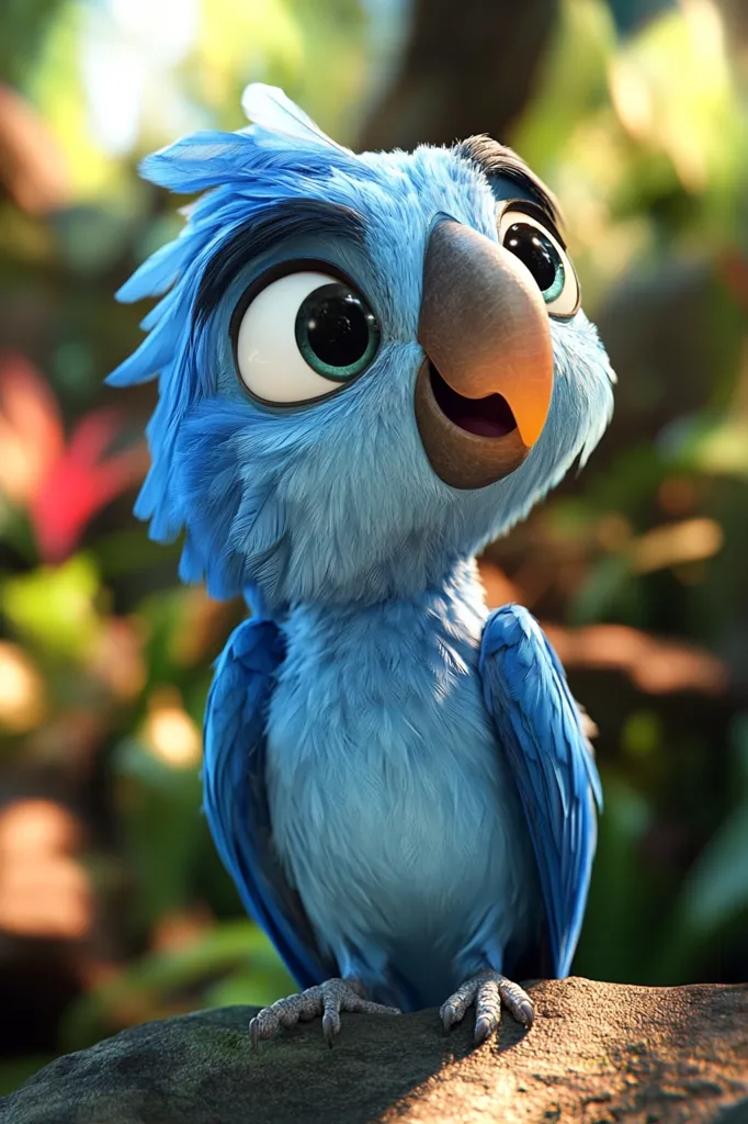 A vibrant blue animated parrot, possibly from a children's film, perches on a rock. Its large, expressive eyes and fluffy feathers convey a sense of curiosity and charm.  The background is blurred, focusing attention on the adorable bird.  The lighting suggests a sunny, outdoor setting, enhancing the overall cheerful mood.