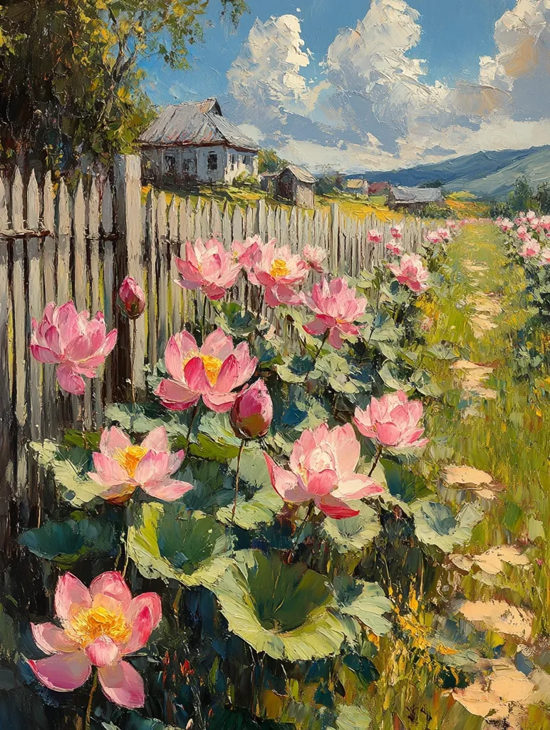 A vibrant oil painting depicts a picturesque countryside scene.  Pink lotus flowers bloom profusely along a path bordering a white picket fence.  Beyond the fence, a rustic house and other buildings nestle into a gently sloping landscape under a bright, partly cloudy sky. The path winds towards distant hills, creating a sense of depth and tranquility.  The artist's impasto technique lends a textured, almost three-dimensional quality to the blossoms and foliage.