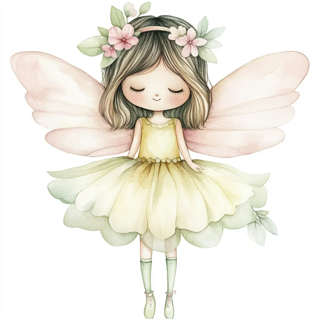 A watercolor illustration of a cute fairy. She has brown hair adorned with a floral crown, large pale pink wings, and wears a pale yellow dress resembling a flower. Her eyes are closed, and she has a serene expression.  The fairy's pastel color palette and delicate features create a whimsical and enchanting image.