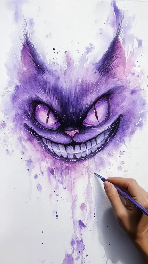 A watercolor painting depicts a purple cat's face, its expression menacing with a wide, sharp-toothed grin and intense eyes. The style is expressive and somewhat abstract, with splatters of color suggesting movement and energy. The artist's hand is visible, holding a brush, adding final details to the piece.  The overall effect is whimsical yet slightly unsettling.