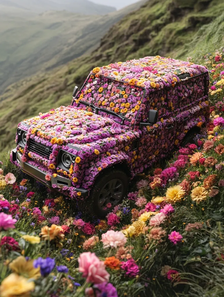 A dark-colored Land Rover Defender is completely covered in a vibrant array of pink, purple, orange, and yellow flowers. It's parked in a lush, mountainous meadow overflowing with wildflowers, creating a striking contrast between the rugged vehicle and the delicate blooms. The scene is picturesque, suggesting a whimsical and unexpected encounter between nature and human-made objects.  The overall effect is one of vibrant beauty and surprising harmony.