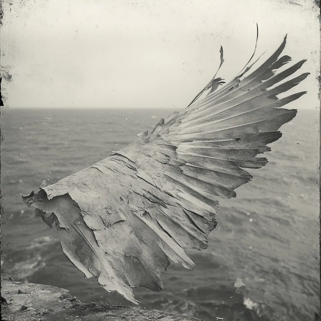 A monochrome photograph captures a weathered, bird's wing, seemingly bleached and fragmented.  The wing, positioned in a dynamic arc, is sharply detailed against a blurred backdrop of a choppy ocean and a hazy sky. The image evokes a sense of fragility and the passage of time, the wing's texture suggesting decay and exposure to the elements. The overall aesthetic is one of melancholic beauty.