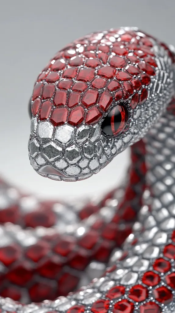 Close-up view of a stylized snake rendered in 3D. Its scales are depicted as multifaceted gemstones, alternating between deep red and silvery-white. The snake's head is prominent, showcasing detailed scales and a realistic red eye. The overall effect is a luxurious and visually striking representation of a reptile, combining precious metal and gem aesthetics.