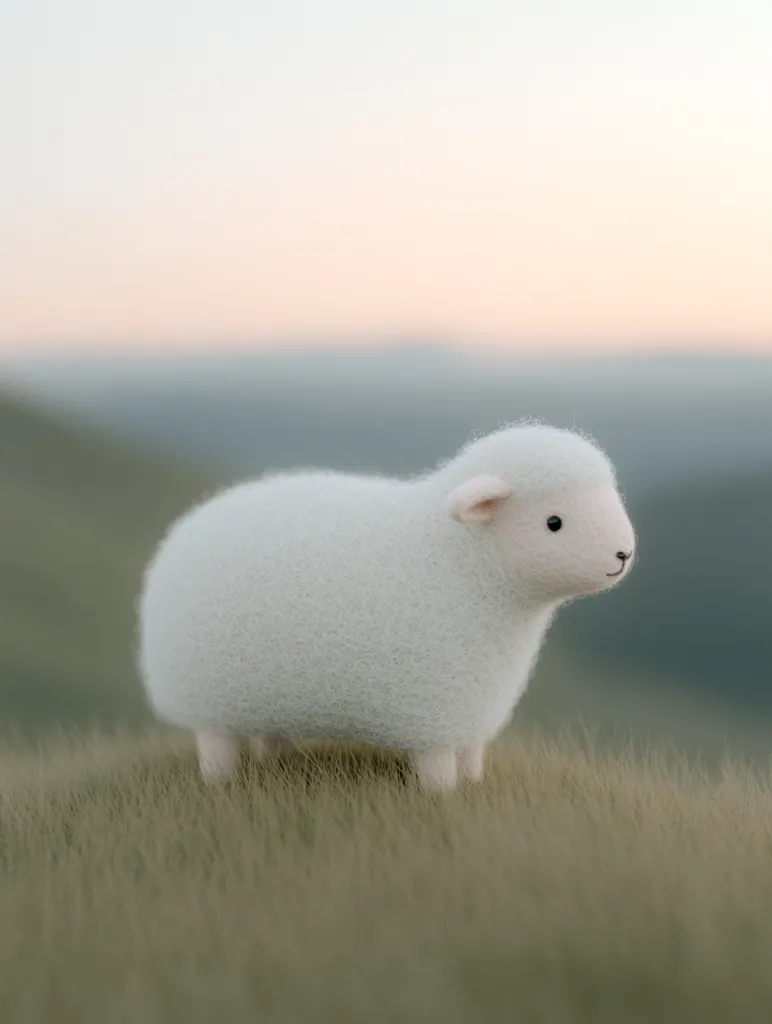 A fluffy, white lamb stands in a field of tall grass against a soft, pastel sunset sky.  The lamb is small and appears to be made of wool felt. The scene evokes a sense of peace and tranquility, with muted colors and soft textures dominating the image.  The lamb is positioned slightly off-center, creating a visually appealing composition.