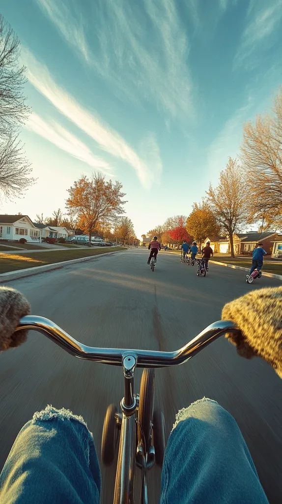 A first-person view from a child riding a tricycle down a quiet residential street.  Several other children on bikes are ahead, riding in the same direction.  The sky is a vibrant blue with streaks of clouds, and autumnal trees line the street, their leaves displaying shades of orange and brown. The overall scene is peaceful and nostalgic.