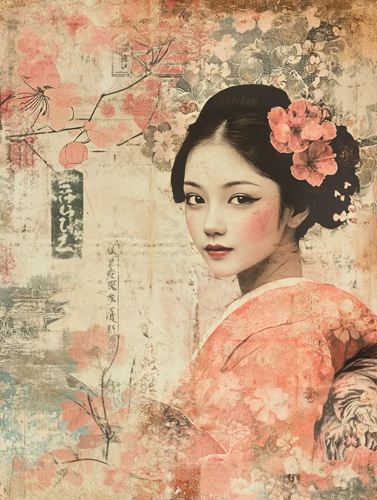 A digitally created portrait of a young woman, possibly inspired by Japanese aesthetics.  She is depicted in a peach-toned kimono, adorned with pink blossoms in her hair.  The background is a textured collage of faded papers, floral patterns, and Japanese script, creating a vintage, almost antique feel. The overall effect is serene and evocative of traditional Asian art.