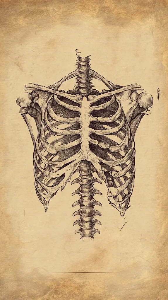 A detailed anatomical drawing of a human ribcage and upper spine is presented against a textured, aged parchment background.  The ink drawing showcases the intricate details of the bones, including the clavicles, ribs, and vertebrae.  The style evokes a vintage anatomical illustration, possibly from a medical textbook or anatomical chart.  The image is meticulously rendered, highlighting the structural complexity of the human skeletal system.