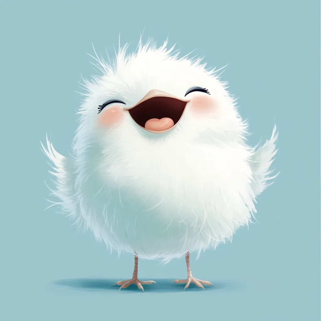 A fluffy, white chicklet with rosy cheeks beams a wide, joyful smile. Its eyes are closed in happiness, and its tiny legs are planted firmly on the ground. The chick's soft, downy feathers give it a cuddly appearance, enhancing its cheerful expression.  The pale blue background complements the chick's bright, light color.  The overall image evokes feelings of warmth and delight.