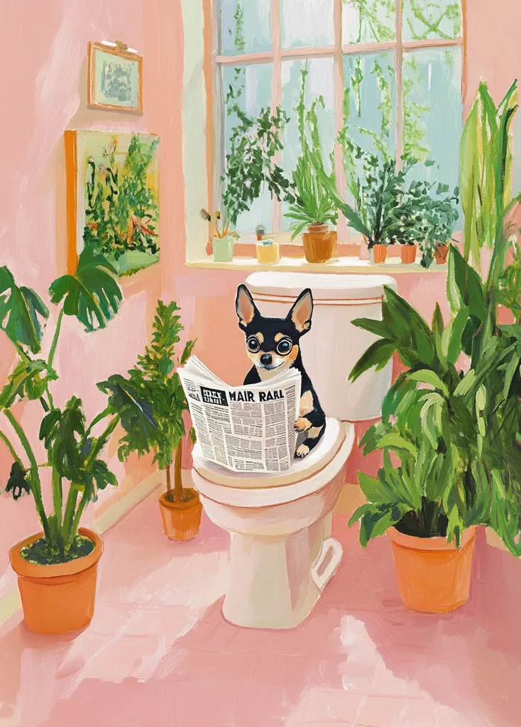A charming illustration depicts a chihuahua seated on a toilet in a pink bathroom, engrossed in reading a newspaper titled "Hair Raal."  Surrounding the dog are numerous potted plants, adding to the vibrant, whimsical atmosphere of the scene.  The overall style is reminiscent of playful, modern art, with a focus on cheerful colors and details.
