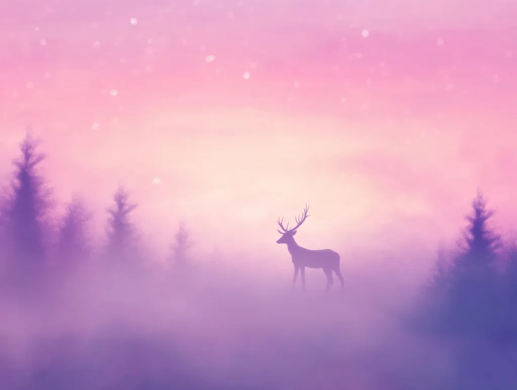 A lone stag stands silhouetted against a soft, pastel sunrise.  The landscape is shrouded in a gentle purple mist, with hazy evergreen trees in the background.  A dreamy, ethereal quality pervades the scene, punctuated by subtle sparkling effects in the sky, suggesting snow or starlight.  The overall mood is serene and peaceful.