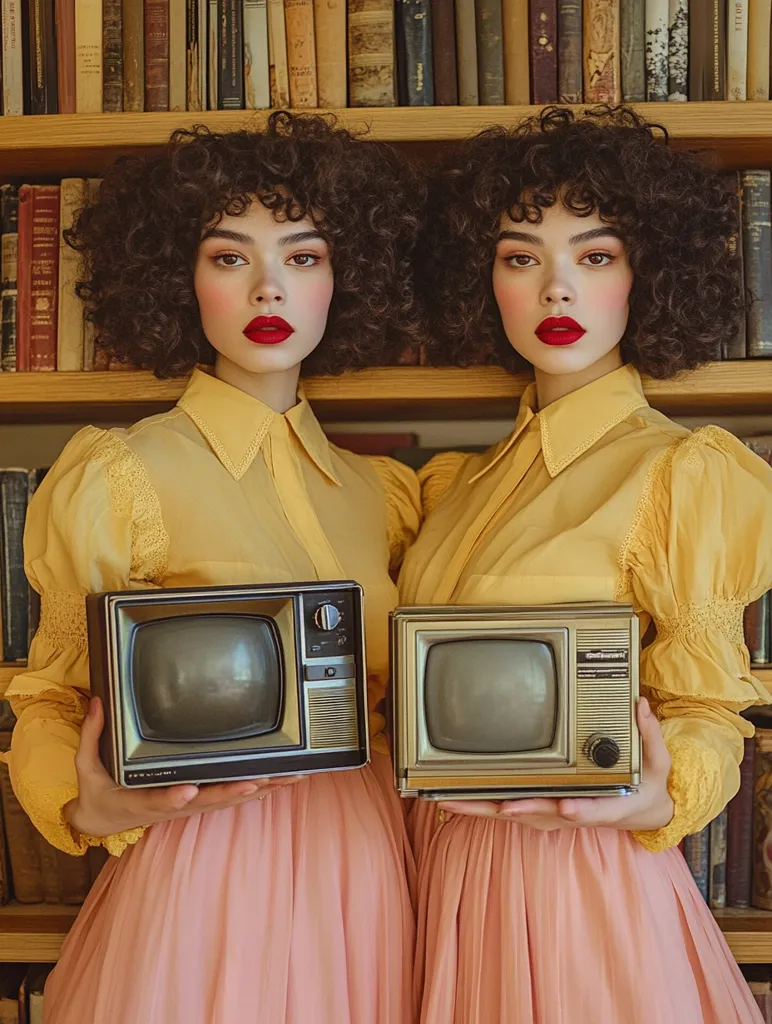 Identical twins, with voluminous curly hair and matching yellow blouses and blush pink skirts, each hold a vintage portable television set.  They stand symmetrically before a bookcase filled with old books, creating a retro aesthetic. The image is stylized with soft lighting and saturated colors, evoking a nostalgic mood.