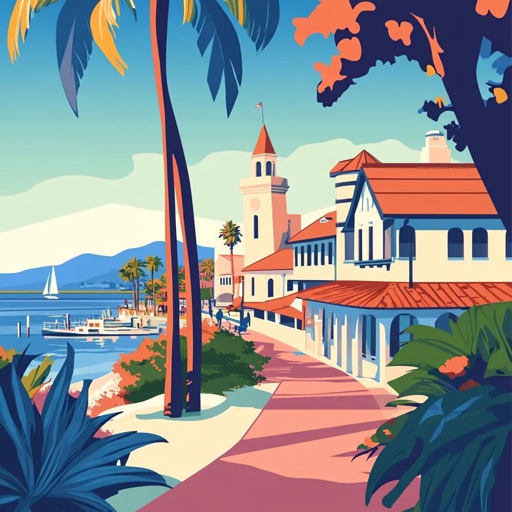 A vibrant illustration depicts a picturesque waterfront town.  Palm trees frame a sun-drenched walkway lined with charming, terracotta-roofed buildings, one featuring a prominent clock tower.  A calm bay stretches out, showcasing a sailboat and a small boat.  The style is stylized and colorful, evoking a warm, idyllic coastal atmosphere.
