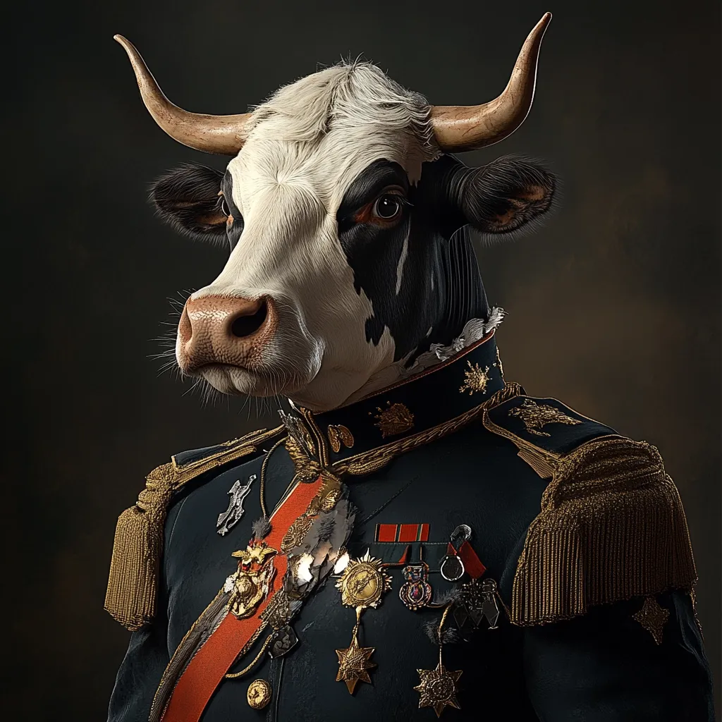 A digital painting depicts a cow's head and shoulders in a military uniform. The cow, with black and white markings and prominent horns, wears a dark blue jacket adorned with gold braid, medals, and a red sash. Its expression is serious and slightly stern. The background is a muted dark brown, contrasting with the cow's light fur and the ornate details of its uniform. The image is highly realistic, capturing fine details in both the fur and the uniform's texture.