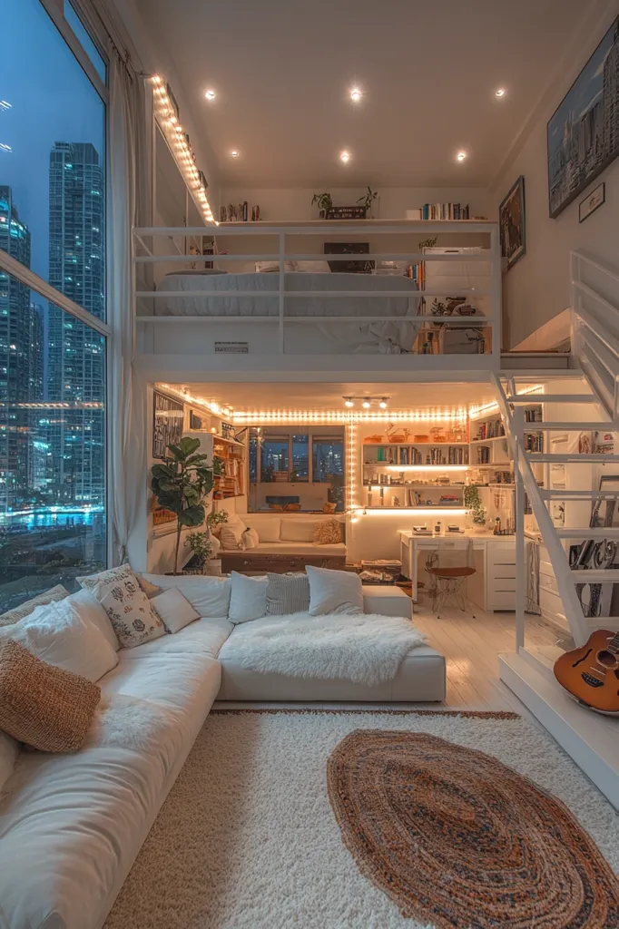 A modern loft apartment boasts a spacious, light-filled living area with a white sectional sofa and fluffy rug.  A loft bedroom above is accessed by a white metal staircase.  String lights add a warm ambiance. Large windows offer stunning city views at night. The overall aesthetic is minimalist and cozy, accented with natural elements and neutral tones.  A guitar rests near a white built-in shelving unit.