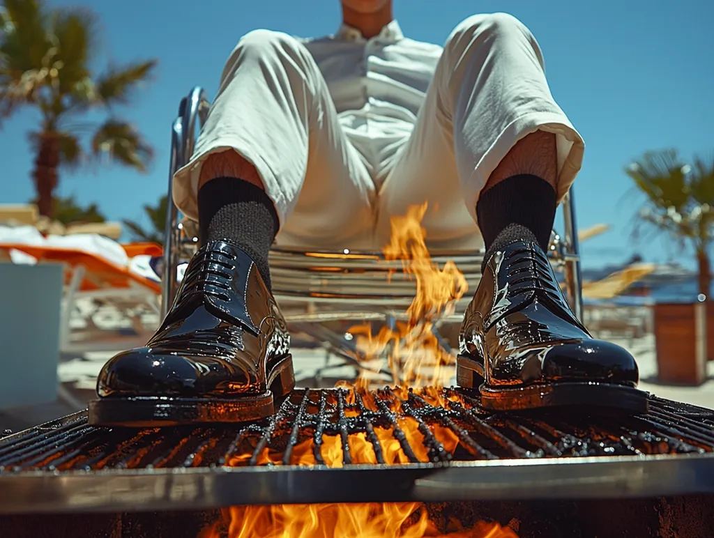 A man in white pants and a white shirt sits in a chair, his shiny black leather shoes resting on a flaming grill outdoors.  The scene is bright and sunny, with palm trees in the background. The image is a striking juxtaposition of luxury and unconventional behavior, suggesting a playful or ironic statement. The shoes appear to be meticulously polished, contrasting with the rustic setting.