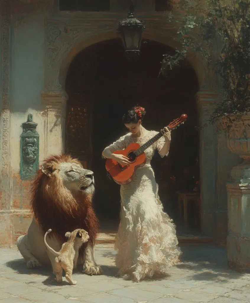 A woman in a flowing white dress plays a classical guitar in a sun-drenched courtyard.  A majestic lion and a small cub sit attentively at her feet, seemingly captivated by the music. The scene is rendered in a painterly style with rich warm tones, creating a serene and slightly mystical atmosphere within the ornate architectural setting.  The overall effect is one of peaceful coexistence between humans and animals.