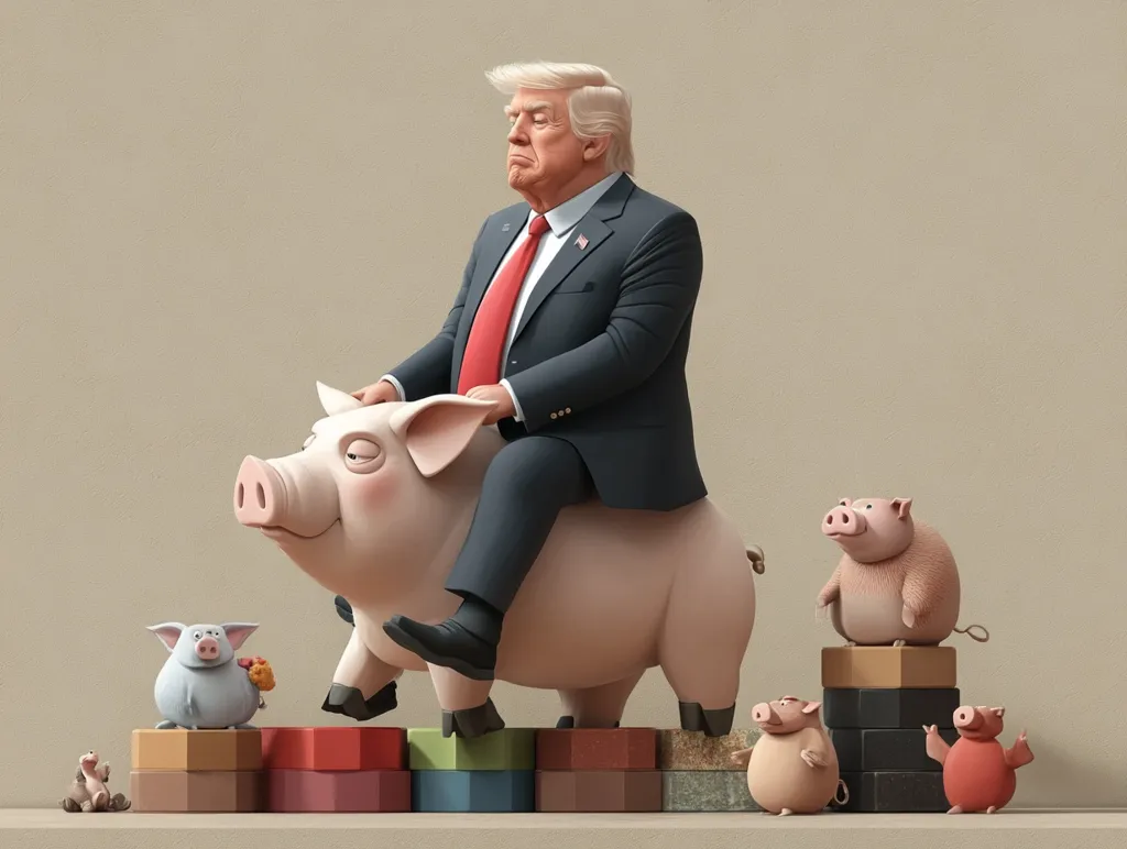 A stylized 3D rendering depicts Donald Trump, in a suit and red tie, sitting atop a large pig.  Smaller pigs stand on blocks around the base, creating a satirical image suggesting financial dealings or control. The overall tone is humorous and critical. The style is reminiscent of political cartoons.