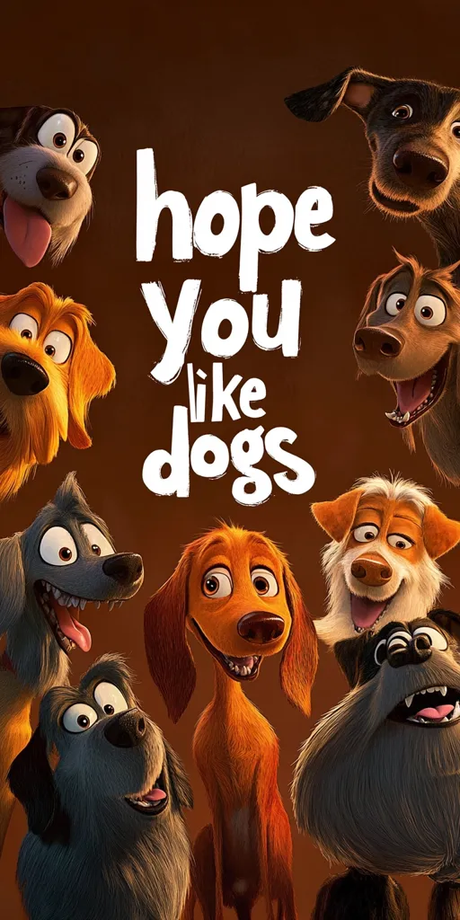 A poster for the animated film "Hope You Like Dogs" features a collection of diverse, expressive cartoon dogs.  The dogs surround the title, each with unique personalities visible in their poses and facial expressions. The overall style is playful and vibrant, designed to appeal to a family audience.  The warm brown background complements the dogs' fur.